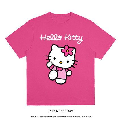 粉红蘑菇 hello kitty粉色短袖T恤女夏欧美卡通纯棉印花上衣美式