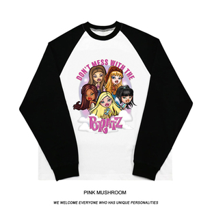 红蘑菇 BRATZ芭比风插肩袖卫衣女圆领早秋美式复古拼色长袖T恤