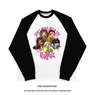 粉红蘑菇插肩袖T恤女秋美式