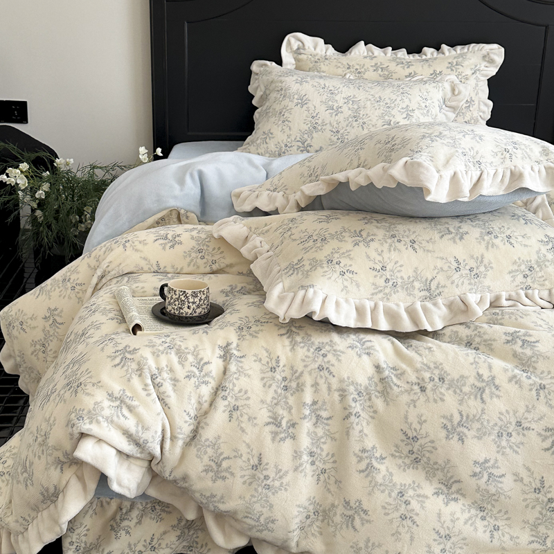 巨好看的四件套绒毛四件套牛奶绒冬季法式花边床上加厚公主风珊瑚