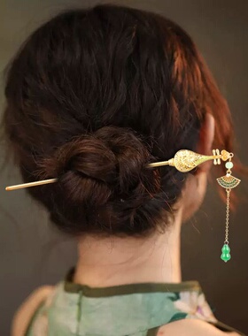 祥云金色发簪古风高级感蝴蝶流苏发钗新中式扇形簪子汉服步摇发