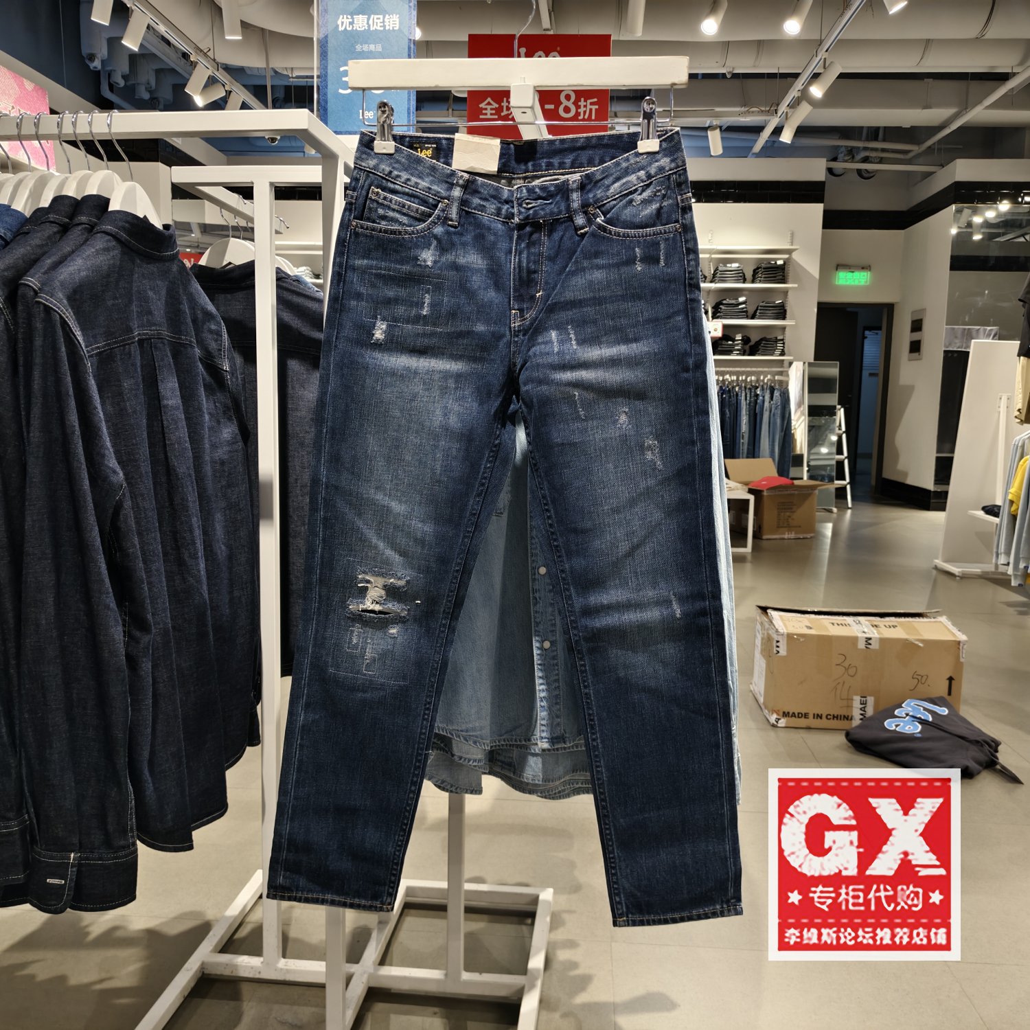 正品Lee401修身中腰补丁深蓝女水洗小直筒9分牛仔裤LWZ4011TZ3GJ