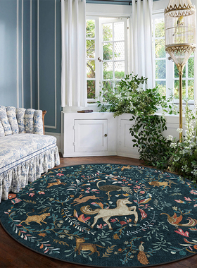 楼兰美惠 法式蓝色独角兽中古圆形地毯客厅衣帽间暗黑色系零甲醛