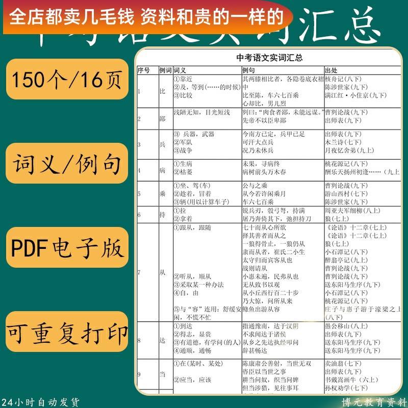 人教初中考语文150个文言实词汇总学习资料含词义例句出处电子版