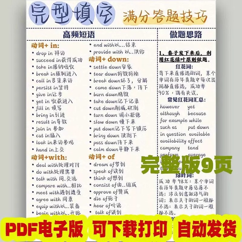 初中高中英语考试完型填空满分答题技巧pdf电子版可打印完型填空