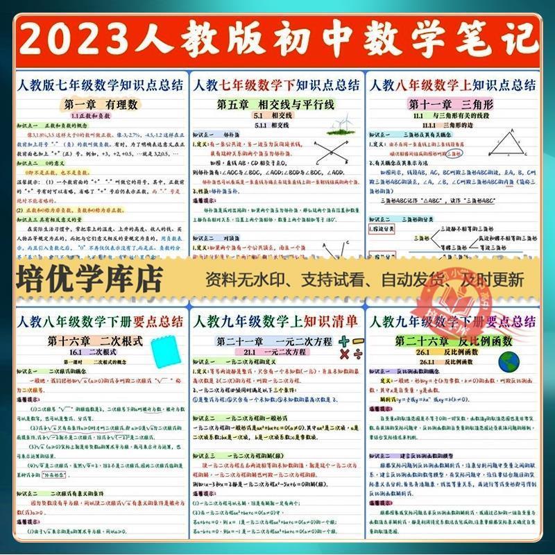 人教初中数学知识点汇总电子版PDF单元考点手写笔记七八九年级复