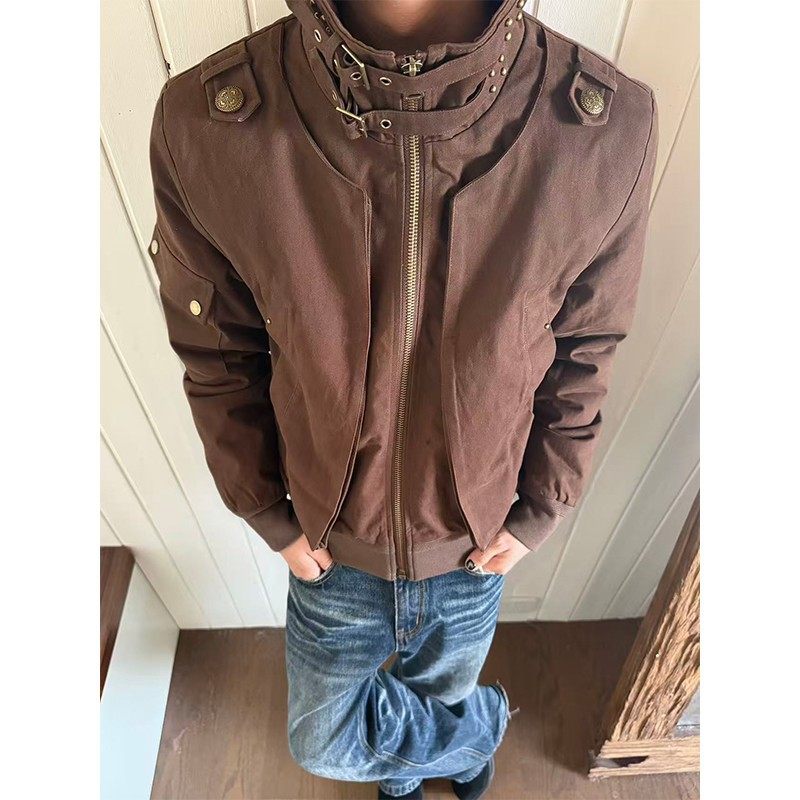 EME易盛易 座山雕立领工装夹克扣带复古肩章修身收腰短款保暖外套