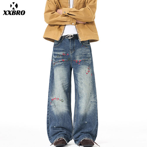 xxbro男装#趣味个性刺绣花朵复古磨破高街阔腿直筒裤宽松牛仔裤男