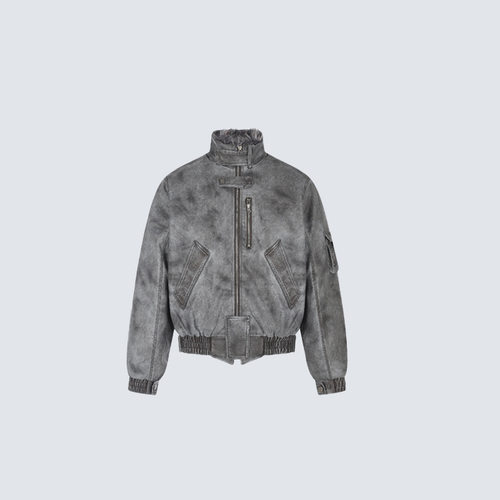 GY美式水洗做旧飞行pu皮夹克立领毛领工装棉服废土风多口袋外套