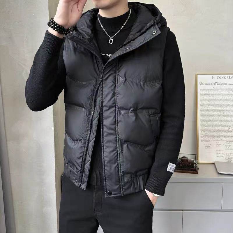 白鸭绒羽绒服马甲男士秋冬新款时尚连帽拉链潮流休闲保暖背心外套