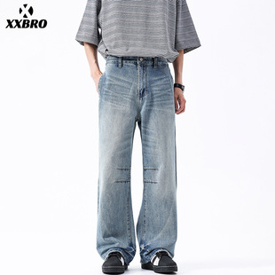 男 水洗百搭直筒裤 xxbro男装 春秋高街潮牌猫须2021M宽松A字牛仔裤