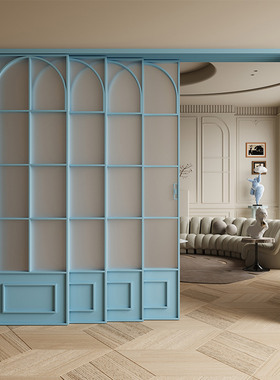 蓝色三联动推拉门厨房门阳台客厅隔断门法式复古钛镁合金吊轨移门