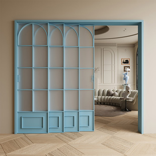 蓝色三联动推拉门厨房门阳台客厅隔断门法式复古钛镁合金吊轨移门