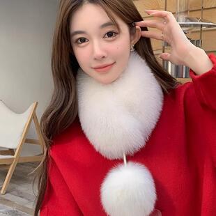 毛毛围脖加厚皮草保暖围巾韩版白色仿狐狸毛领子丝带球学生冬季女