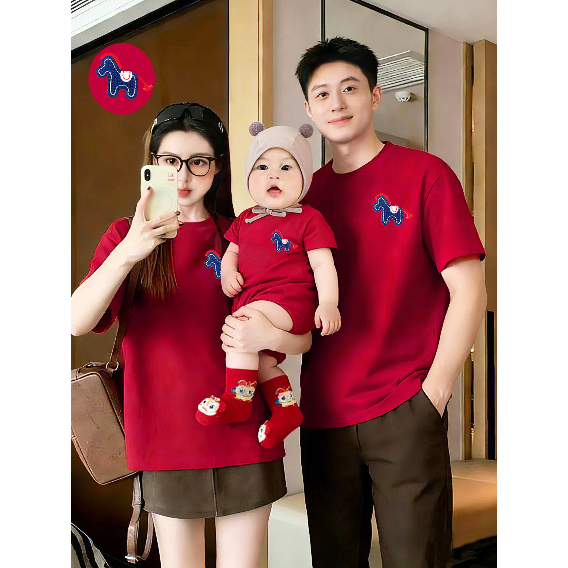 婴儿亲子装短袖t恤小月龄一家三口红色婴幼童百天周岁拍照全家福