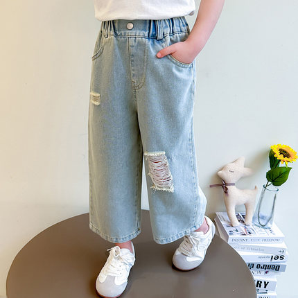 女童裤子夏季薄款破洞牛仔裤儿童浅色阔腿女宝宝夏装直筒裤休闲裤