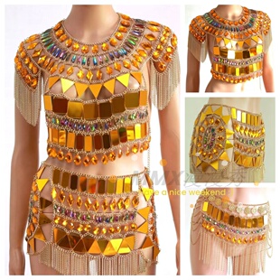 金色亚克力彩钻亮片身体链秀场流苏胸链套装 饰腰链女 印度肚皮舞装