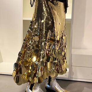 silver skirt 重工大亮片珠片半身裙晚会礼服裙A字长裙Gold 时尚