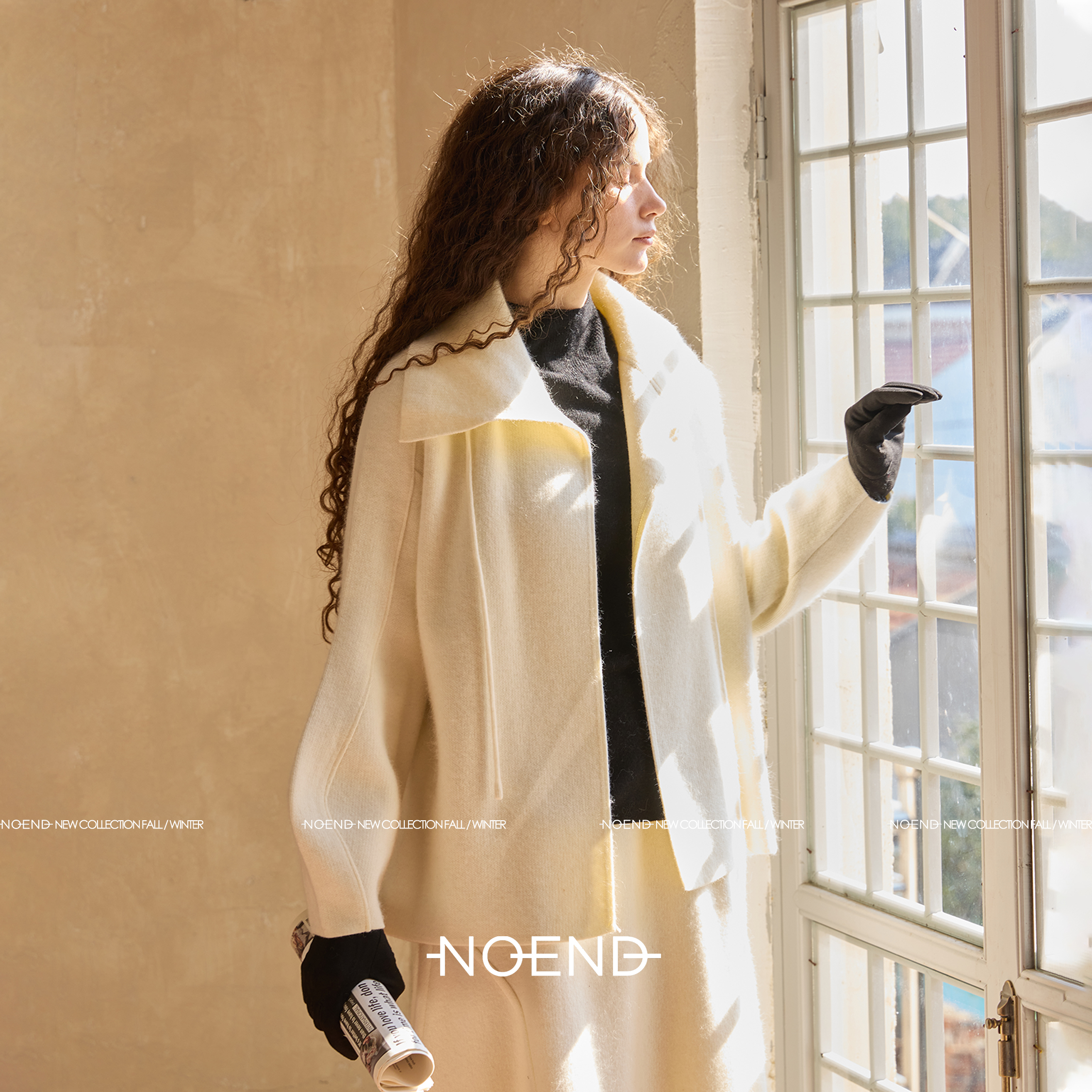 NOEND25/设计系列绵羊毛系带解构翻领宽松简约针织开衫外套