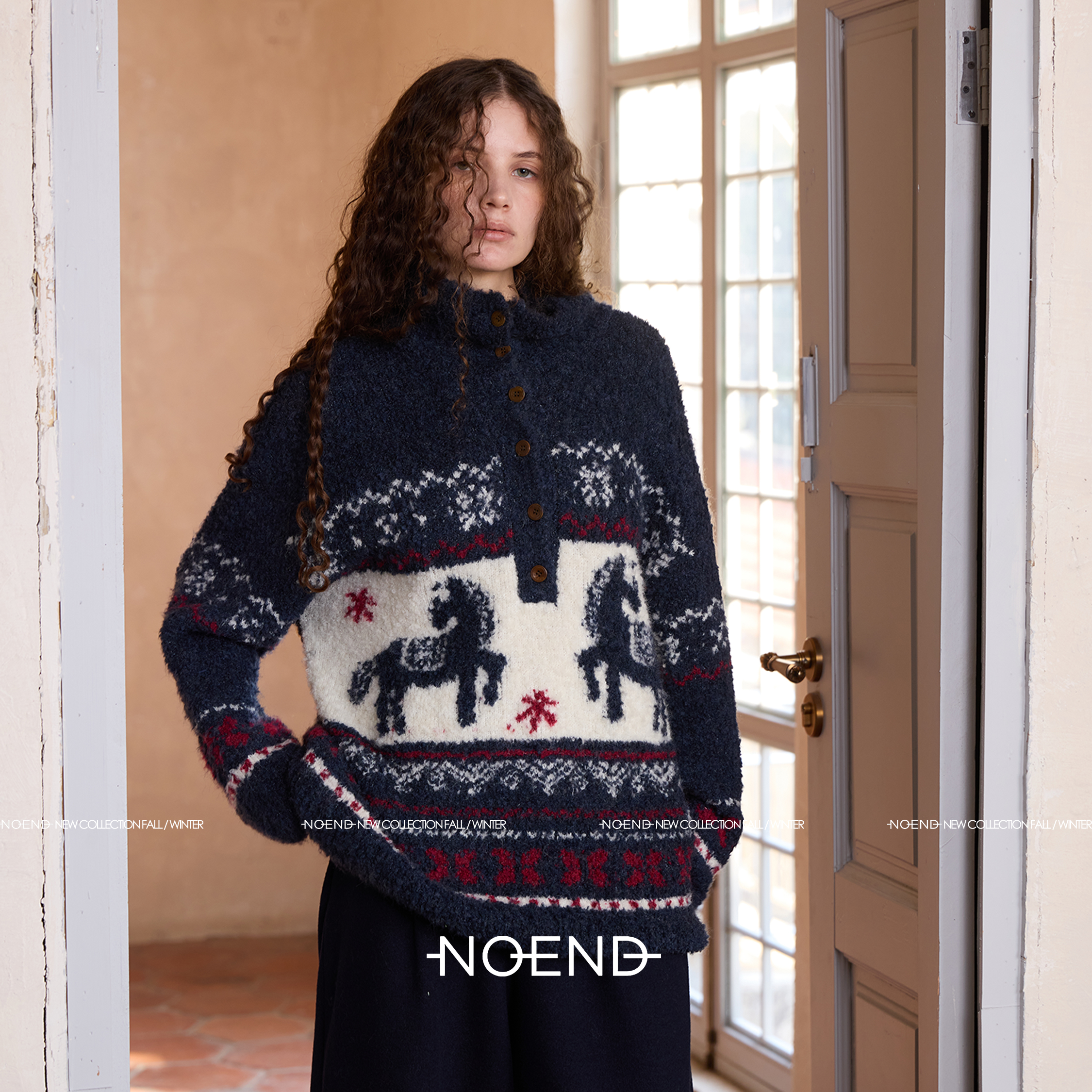 NOEND25/趣味小马费尔岛超柔羊毛密圈圈 翻领立领宽松毛衣 围巾