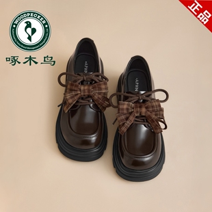 厚底女鞋 饰英伦风单鞋 女JK学院风蝴蝶结装 啄木鸟真皮厚底乐福鞋