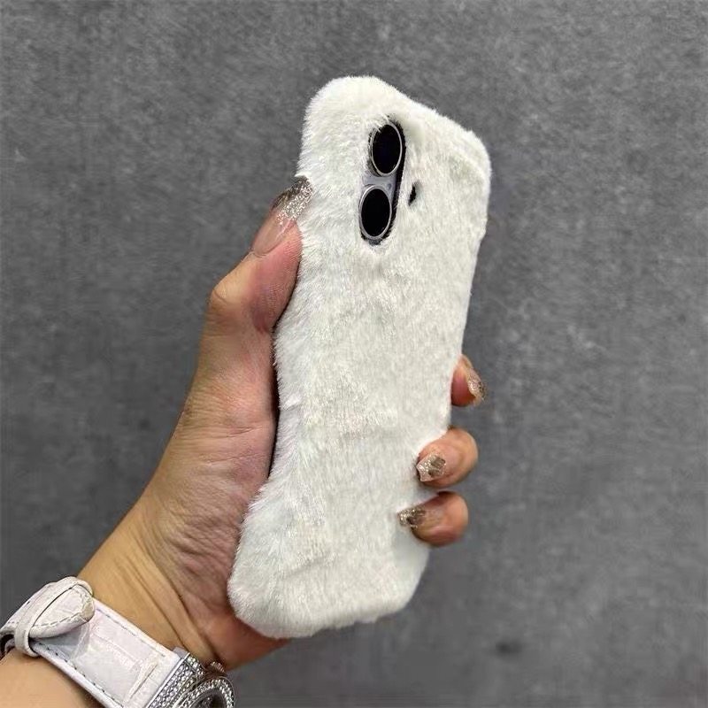 清纯白色小清新秋冬天男女款苹果14毛绒纯色15适用iPhone17pro max/16手机壳1+15/13/12/11一加ace6/5pro/3/2