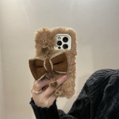 文艺复古蝴蝶结秋冬毛绒畅享60X适用华为mate60pro+/P40E手机壳90/80女70se畅玩30M荣耀x50手链magic5/4pro/3