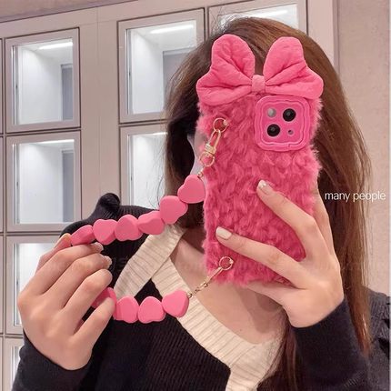 ins网红时尚手提绳秋冬款毛绒15适用iPhone13promax手机壳14plus苹果12pro蝴蝶结1+11/9R一加ace2pro手机壳2V