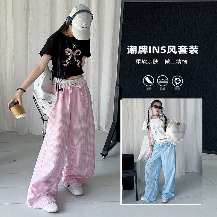 女童春装裤子韩系穿搭中大童阔腿工装裤格子儿童春秋季跳街舞长裤