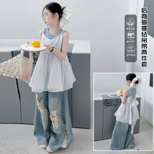 复古夏季 休闲长裤 潮流韩版 中大童个性 宽松破洞牛仔裤 女童美式