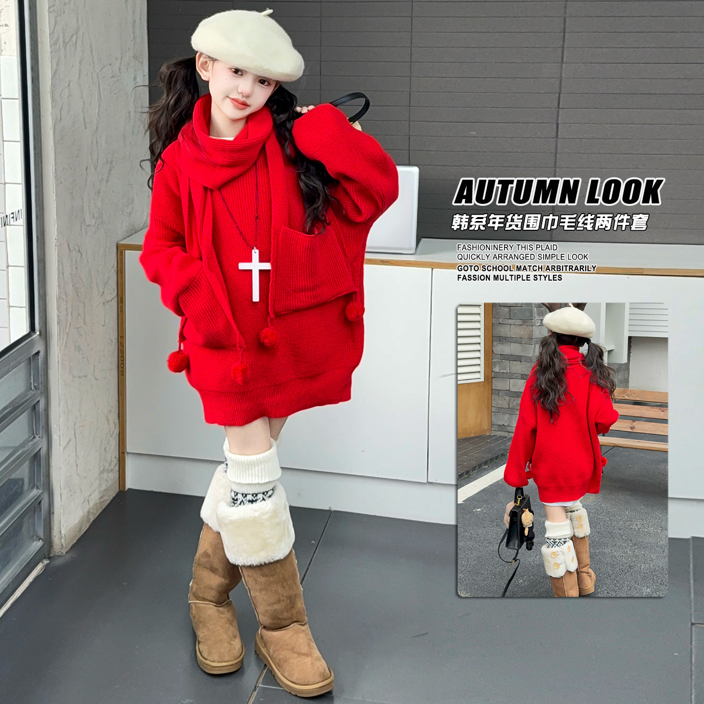 衫圆领上衣中大童圣诞红色亲子