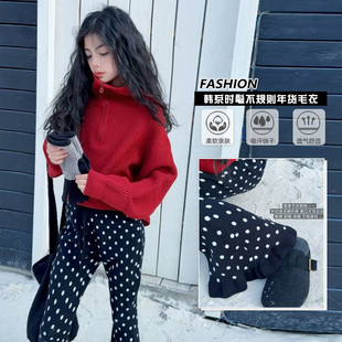 新款 儿童女孩2025冬装 洋气针织衫 加厚女童高领新年红毛衣大童装