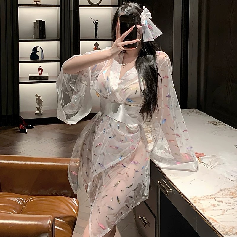 性感睡衣女薄纱若隐若现小胸显大宽松纯欲风汉服诱惑吊带睡裙套装图片