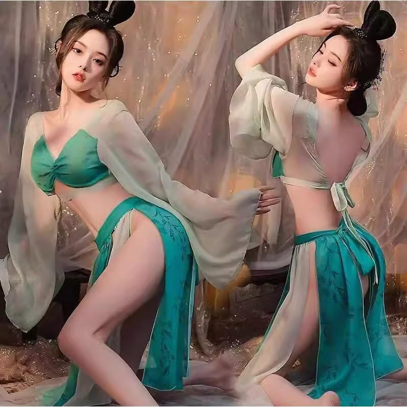 情调古风绿色汉服扮演性感网纱透视睡衣风情诱惑套装侍寝免脱叉裙