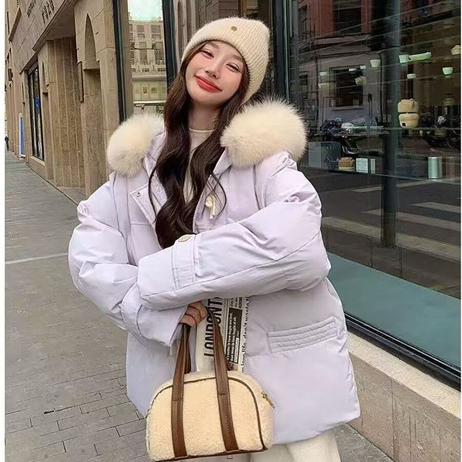 棉服宽松款大毛领棉衣韩版现货面包服新款冬季女牛角扣