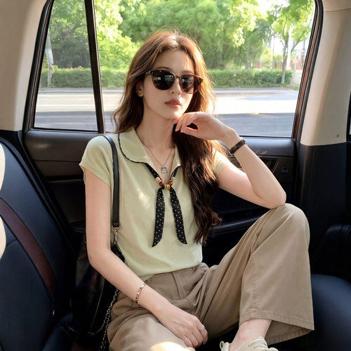 杏色翻领系带短袖t恤女20