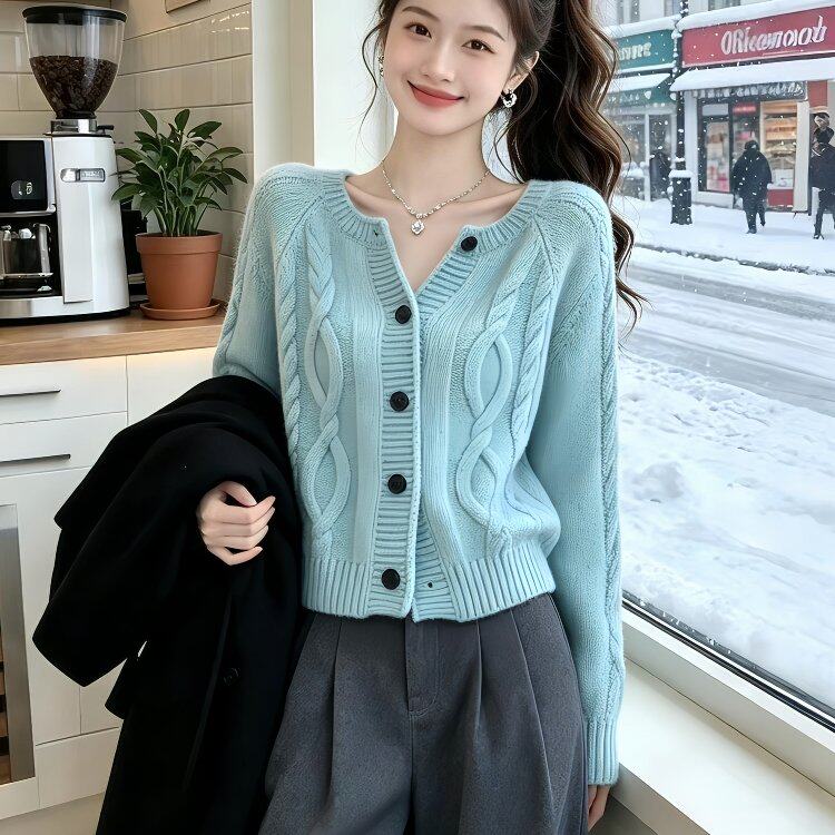 韩系温柔立领毛衣女秋冬新款小众设计感外套宽松显瘦针织上衣开衫