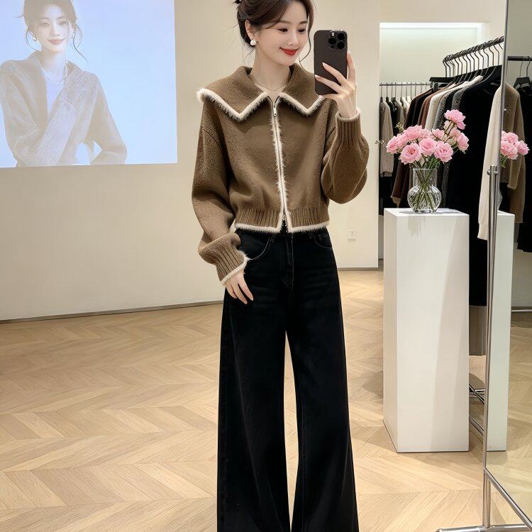 淡人高知穿搭一整套女高级感chic别致盐系轻熟针织毛衣牛仔裤套装