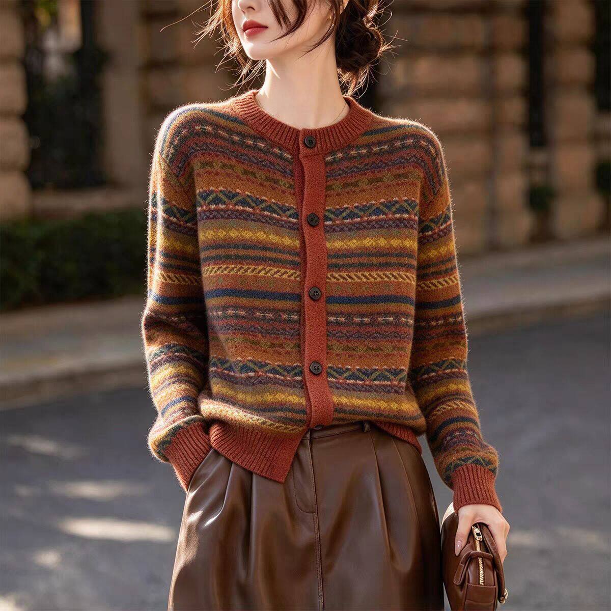 秋冬新款复古撞色条纹针织开衫女高级感宽松显瘦百搭毛衣外套上衣