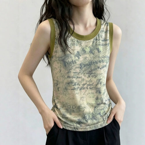 绿色无袖圆领t恤女夏季新