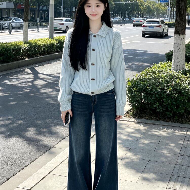 温柔慵懒风韩系毛衣开衫女2026秋冬新款高领针织外套牛仔裤两件套
