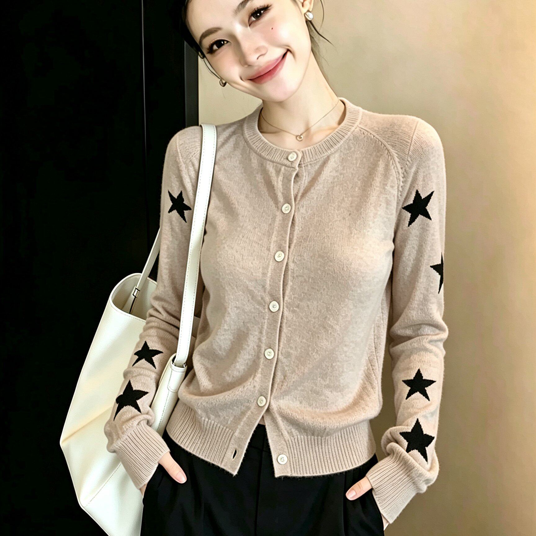 大码韩系星星针织开衫女秋冬新款上衣慵懒风显瘦百搭毛衣外套