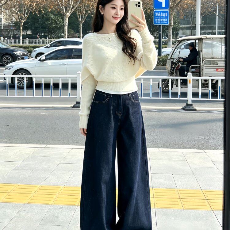 巨好看超火韩系穿搭一整套ootd针织毛衣牛仔裤套装女2026秋冬新款