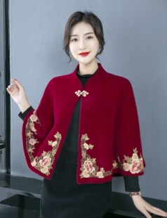 水貂绒刺绣披肩女士短款秋冬立领绣花高端配旗袍裙子斗篷开衫