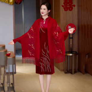 披肩秋冬喜婆婆刺绣配旗袍带袖婚宴披风妈妈红色高端礼服外套斗篷