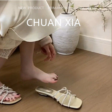 羊皮版！绝美水钻绑带凉鞋女宴会时尚露趾坡跟凉拖真皮软底一字拖