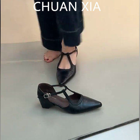 羊皮版！高级感黑色包头凉鞋女复古百搭内增高单鞋真皮尖头高跟鞋