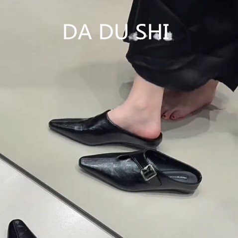 羊皮版~黑色高级感凉拖鞋女时尚软底内增高单鞋休闲百搭包头凉鞋