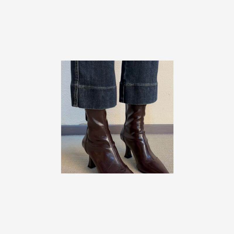 欧美时装靴配大衣 7厘米法式尖头殚力瘦瘦靴高跟百搭气质细跟短靴