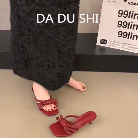 羊皮版~小众设计感真皮凉拖鞋女复古细跟露趾凉鞋法式红色高跟鞋